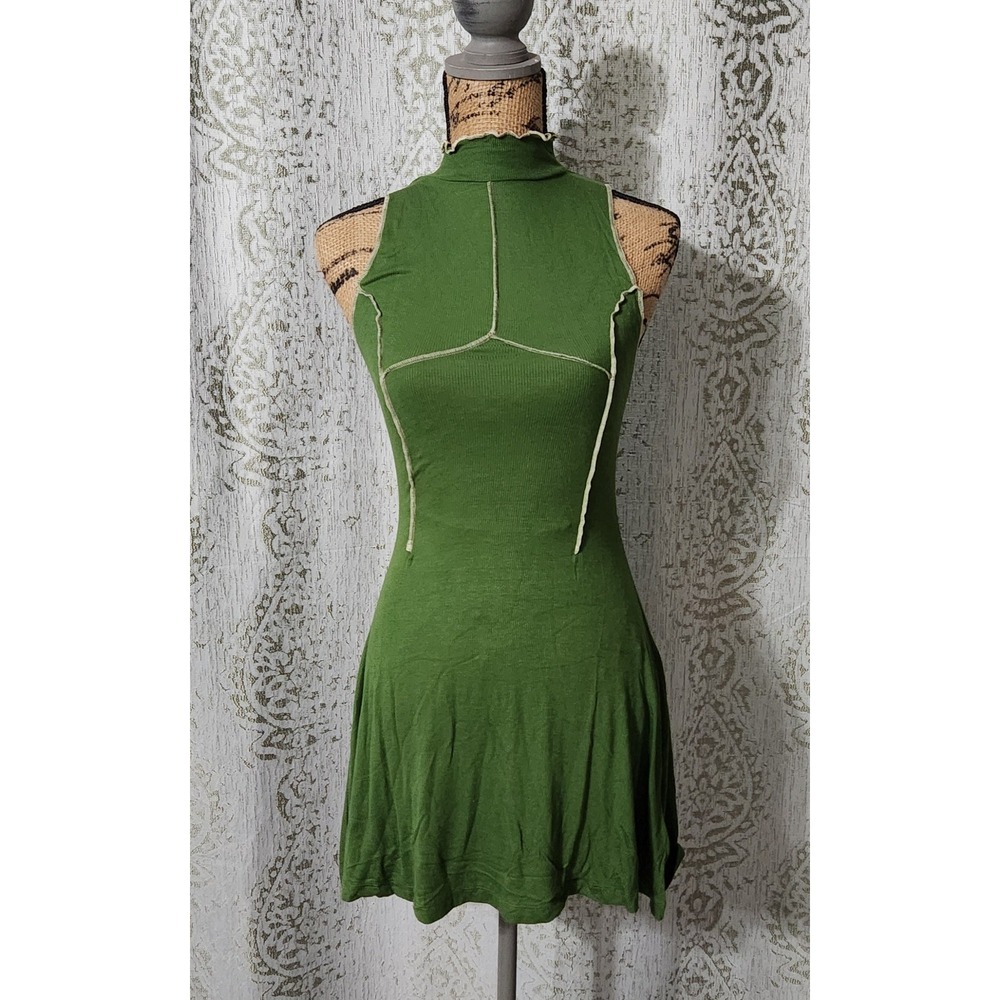 Urban Outfitters Green Ribbed Mock Neck Sleeveless Cutout Back Mini Dress M‎